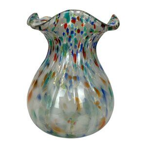 Handblown Multicolor Glass Vase With Ruffled Rim and Fluted Globe Design